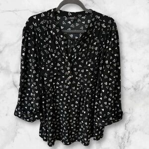 Cocoma women’s black white heart print roll tab 3/4 sleeve v-neck blouse size 3X
